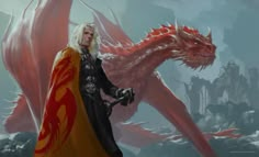 a man standing next to a red dragon