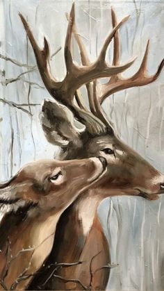 an oil painting of two deers in the woods, one is rubbing its head against the other's neck