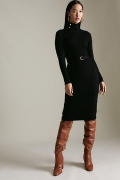 Belted Rib Knit Dress Black Knitted Dress, Knitted Dress Outfit, Rib Knit Dress, Victoria Beckham Outfits, Black Knit Dress, Luxury Dresses, Cold Weather Fashion, Trendy Fall Outfits, Ribbed Knit Dress