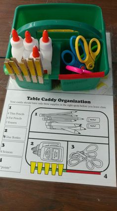 a green tray filled with scissors and other crafting supplies