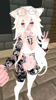 an animated image of a woman with white hair and tattoos on her body, holding a peace sign