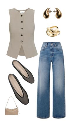 jeans dressed up | women’s vest | mesh ballet flats | timeless classic outfit | lookbook French Inspired Outfits, Modest Girly Outfits, Blue Jean Outfits, Classic Outfit, Corporate Outfits, Elegant Look, Summer Work Outfits, Causual Outfits, Casual Chic Outfit