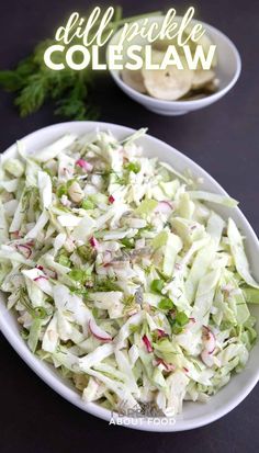 a white bowl filled with coleslaw next to a small bowl of potato chips