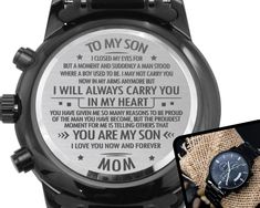 Surprise your Son with this engraved watch for gift that can withstand constant use. He will become so emotional when reading your heartfelt and loving message engraved on the back of the watch. This "Customized Heartfelt Message Black Chronograph Watch" is the perfect gift for Christmas, Birthdays, Graduation or any time of the year. " To My Son, I closed my eyes but a moment and suddenly a man stood where a boy used to be. I may not carry you now in my arms anymore, But I will always carry you So Emotional, Engraved Watch, Watch Engraving, Husband Anniversary, Wedding Day Gifts, To My Son, Son Gift, Sons Birthday, Watch Gifts