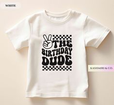 Toddlers will look adorable in this "THE BIRTHDAY DUDE" youth short sleeve tee. This lightweight side-seamed shirt maximizes comfort all day long.  Birthday Dude Toddler Shirt - Retro Checkered Black and White Birthday Boy Tee - Baby Boy Cool Dude Party Gift - Kids Natural Tee, Baby Gift 🌟100% Airlume combed and ringspun cotton (fiber content may vary for different colors) 🌟Light fabric (3.9 oz/yd² (132 g/m 🌟Retail fit RETURNS: All products are made-to-order and because of the nature of these Second Birthday Boys, Black And White Birthday, Checkered Black And White, It's My Birthday Shirt, Twins Birthday, Moana Birthday, Cool Dude, White Birthday, Boy Birthday Parties