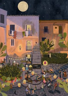 a painting of people sitting outside at night