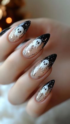 Bat And Ghost Nails, Ghost Nails Almond Shape, Oval Shaped Halloween Nails, Halloween Nails Short Stiletto, Short Stilleto Nails Halloween, Almond Nail Halloween Designs, Simple Halloween Nail Designs Almond, Spooky Ghost Nails, Halloween Almond Shape Nails