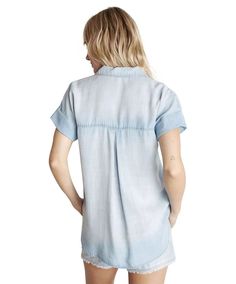 The Rolled Short Sleeve Button Down is a best-selling style designed after the boyfriend shirt. This boxy, oversized top has two front pockets and rolled sleeves. Style for casual occasions. 100% Tencel. 100% Tencel Machine wash cold Front button closure Chest pockets Rolled short sleeves with button detail Approx. 40" chest, 27" shoulder to waist (size small) Model is 5'10" and wearing a size small Relaxed Button-up Shirt With Rolled Sleeves, Casual Blouse With Roll-up Sleeves And Shirttail Hem, Trendy Button-up Shirt With Rolled Sleeves, Light Wash Tops With Buttoned Pockets And Relaxed Fit, Casual Tops With Roll-up Sleeves And Shirttail Hem, Light Wash Relaxed Fit Top With Buttoned Pockets, Effortless Collared Shirt With Rolled Sleeves, Relaxed Fit Light Wash Tops With Buttoned Pockets, Casual Light Wash Tops With Buttoned Pockets