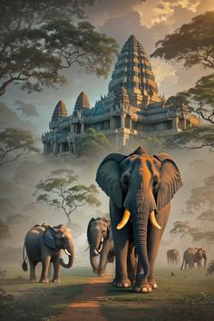 three elephants are walking in front of a temple