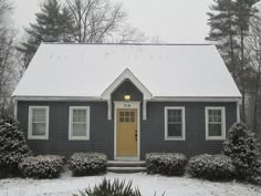 a house with snow on the ground and bushes around it