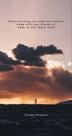 a person standing on top of a hill under a cloudy sky with the words, every morning you have two choices