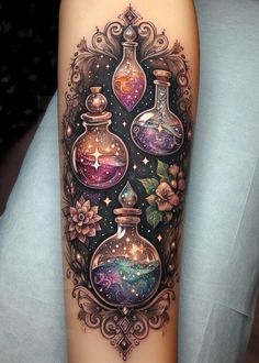 a tattoo with three bottles filled with liquid and stars