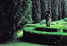 a statue in the middle of a garden surrounded by hedges