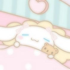 a teddy bear sleeping on top of a pink bed with hearts in the sky above