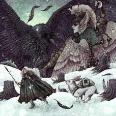 an illustration of two people and some animals in the snow with birds flying around them