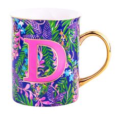 PRICES MAY VARY. Ceramic coffee cup is featured in the navy Lilly Pulitzer print, How You Like Me Prowl, and adorned with a hot pink "D" and a metallic gold handle for an elevated look Initial coffee mug is made of a heavy duty ceramic and holds 14 ounces of hot or cold drinks. Plus, the handle is large enough to offer a firm grip when carrying! Mug is BPA-, lead-, and phthalate-free to keep drinks safe from any harsh chemicals or tastes. With the latest Lilly print, a luxe gold handle, and a br Cappuccino Mugs, Blue Green Gold, Cute Mug, Cute Coffee Mugs, Unique Coffee Mugs, Gold Handles, Matching Gifts, Ceramic Coffee Cups, Cute Mugs