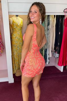 Turn heads and make a bold statement with our Orange Sequin Lace Plunge V Backless Short Dress. This sheath-style dress is made from dazzling sequin fabric and features a vibrant orange color that's perfect for standing out at any event. The V-neck neckline adds a touch of daring elegance, while the sleeveless design and backless detail ensure you look stunning from every angle. Details: Silhouette: Sheath style Fabric: Sequin Fabric Color: Orange Color Length: Short Mini Neckline: V-neck Neckli Customized Dress, Backless Short Dress, Short Homecoming Dress, Lace Neckline, Dress Orange, Note Box, Junior Bridesmaid, Sequin Fabric, Hoco Dresses