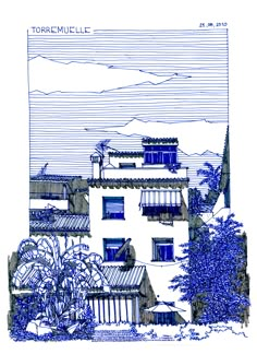 a blue and white drawing of a house