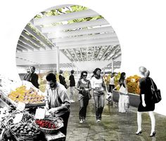 people are shopping at an outdoor market with fruits and vegetables on display in the foreground