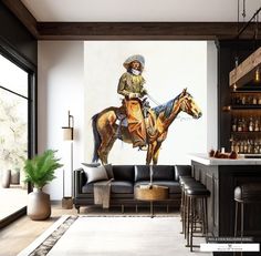 a man riding on the back of a horse in a living room next to a bar