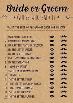 the bride or groom guess who said it is written on a piece of brown paper