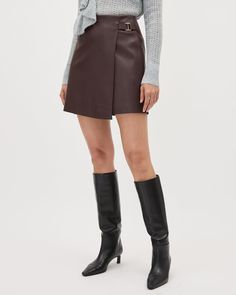 Faux Leather Mini Wrap Skirt | RW&CO. Leather Wrap Skirt, Club Skirts, Yoga Jeans, Brown Mini Skirt, Mini Wrap Skirt, Mini Wrap, Slim Fit Dress Shirts, Fitted Dress Shirts, Slim Fit Dresses