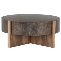 a round wooden table with metal and wood accents on the top, in front of a white background