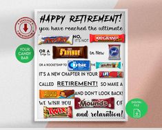 a poster with the words happy retirement written on it and some candy bar stickers