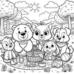 a group of teddy bears having a picnic in the park coloring page for children stock illustration