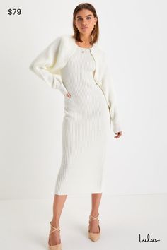 Cooler temps are here, and we're so ready to style our favorite pieces with the Lulus Aesthetic Season Ivory Ribbed Two-Piece Dress & Cardigan Set! Stretchy ribbed sweater knit shapes this stylish dress that has a sleeveless bodice with wide tank straps and a crew neckline. Fitted silhouette hugs the waist, continuing into a bodycon skirt that ends at a midi hem. Kick pleat at back. Matching shrug-style long sleeve cardi sweater adds a cozy finish, for a 'fit you'll be styling all season long! F Midi Dress With Cardigan, Dress And Cardigan Outfit, Cardigan Over Dress, Aesthetic Season, Dress With Shrug, Shrug Style, Sweater Midi Dress, Dress Cardigan, Cardigan Set