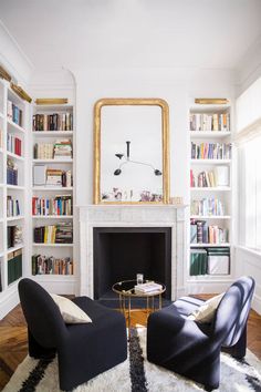 a living room filled with furniture and a fire place in front of a book shelf