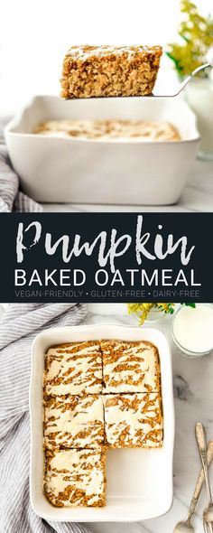 pumpkin baked oatmeal in a white dish with a fork and spoon next to it