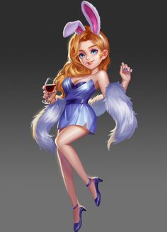 a cartoon girl dressed in bunny ears holding a glass of wine and posing for the camera