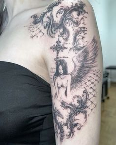 Dark Light Tattoo, Ethereal Forearm Tattoo, Names Of Tattoo Styles, Ethereal Arm Sleeve Tattoo, Pretty Angel Tattoo, Tattoo Of A Women, Middle Tattoo Chest, Baroque Tattoo Sleeve, Arm Tattoos For Women Unique