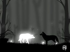 the wolf is walking through the forest at night with light shining on it's back