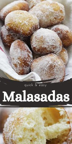 there are many powdered sugar donuts in the basket and on the table with text overlay that says quick & easy masaladass