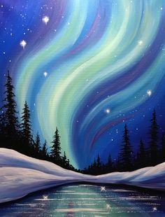 an acrylic painting of the night sky with stars and aurora bores over a lake