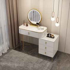 an elegant dressing table with a chair and mirror