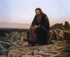 a painting of jesus sitting on rocks next to a fox