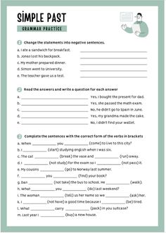 the simple past worksheet with answers for students to use in their english class