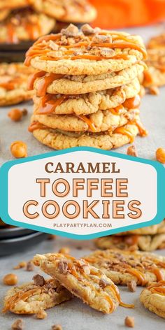 caramel toffe cookies stacked on top of each other with the title overlay