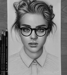 a pencil drawing of a woman wearing glasses