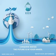 an advertisement for a water company with people standing in front of windmills and wind mills