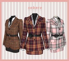 three women's coats are shown in different colors