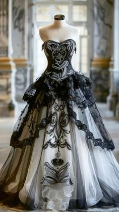 Wedding Dress With Black Lace, White Wedding Dress With Black, Punk Wedding Dresses, Wedding Dress With Black, Goth Wedding Dresses, Black Quinceanera, Black Gothic Dress, Black And White Gown, Black Wedding Gowns