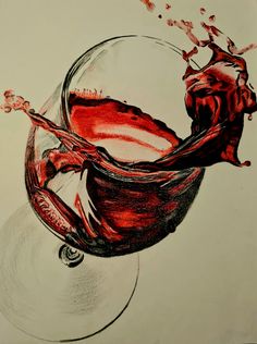 a drawing of a wine glass with red wine in it and splashing from the top