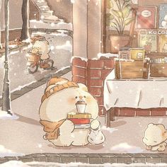 a drawing of two animals in the snow near a table with food and drinks on it