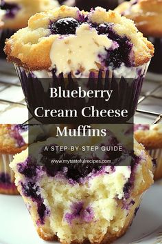 blueberry cream cheese muffins on a cooling rack with the title overlay