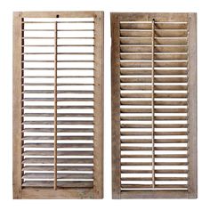 two wooden shutters are shown side by side on a white background, one is open and the other has closed