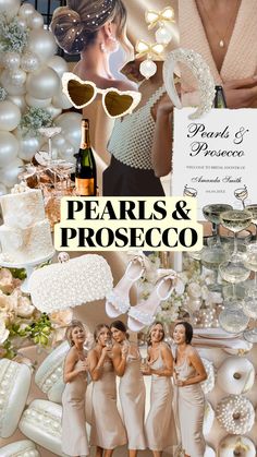 a collage of photos with pearls and champagne